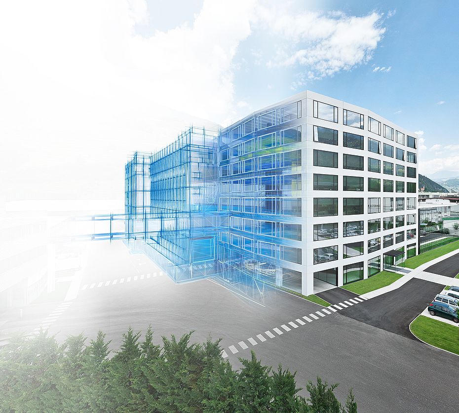 Moderno edificio uffici come modello BIM – transizione da progetto digitale a realtà